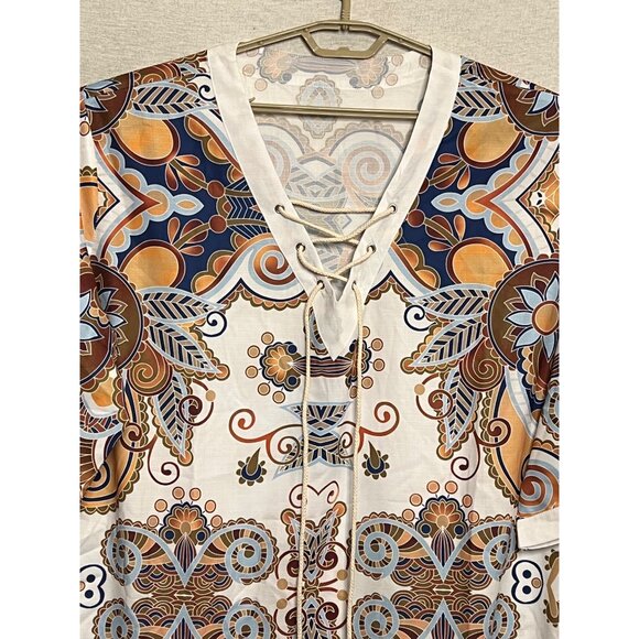 VGT-Inspired Multicolor Paisley Short-Sleeve Blouse With Lace-Up Neckline 3XL - Picture 3 of 16